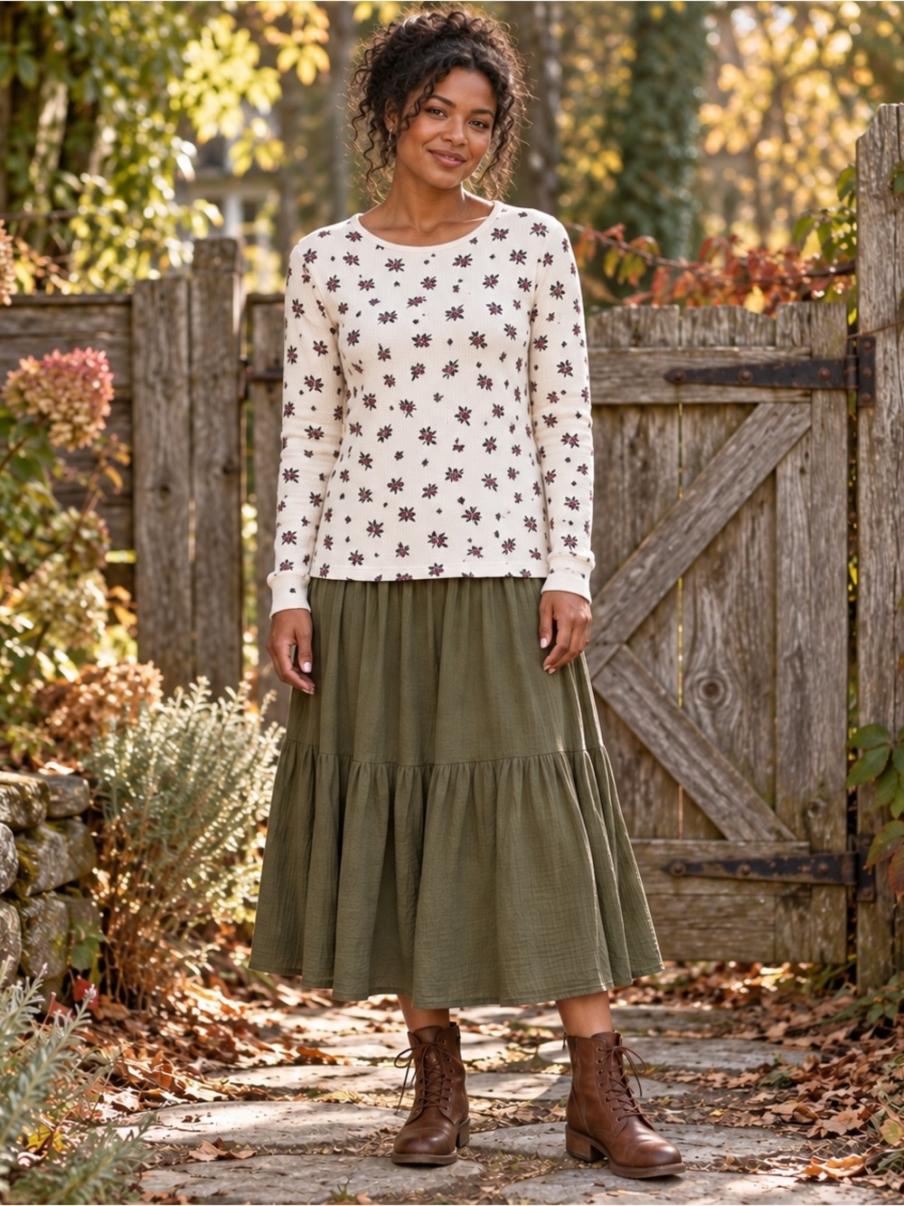 Womens Large Cream Floral Waffle Knit Thermal Top Long Sleeve USA Cottagecore
